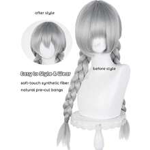 Silver Gray Braided Anime Cosplay Wig Wigs Cosplay Wigs For Women Wig Install Kit With Bangs 29.5'' Long Dark Gray Twin Braids Synthetic Hair For Women Halloween Party Daily,38046581 - 銀色 - 查看 5