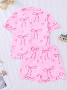 2pcs/Set Girls' Butterfly & Heart Print Pajama Set, Includes Cardigan Collar Short Sleeve Top And Elastic Waist Shorts, Casual And Comfortable Loungewear, Suitable For Daily Wear And Sleepwear, Machine Washable - Pink - View 2