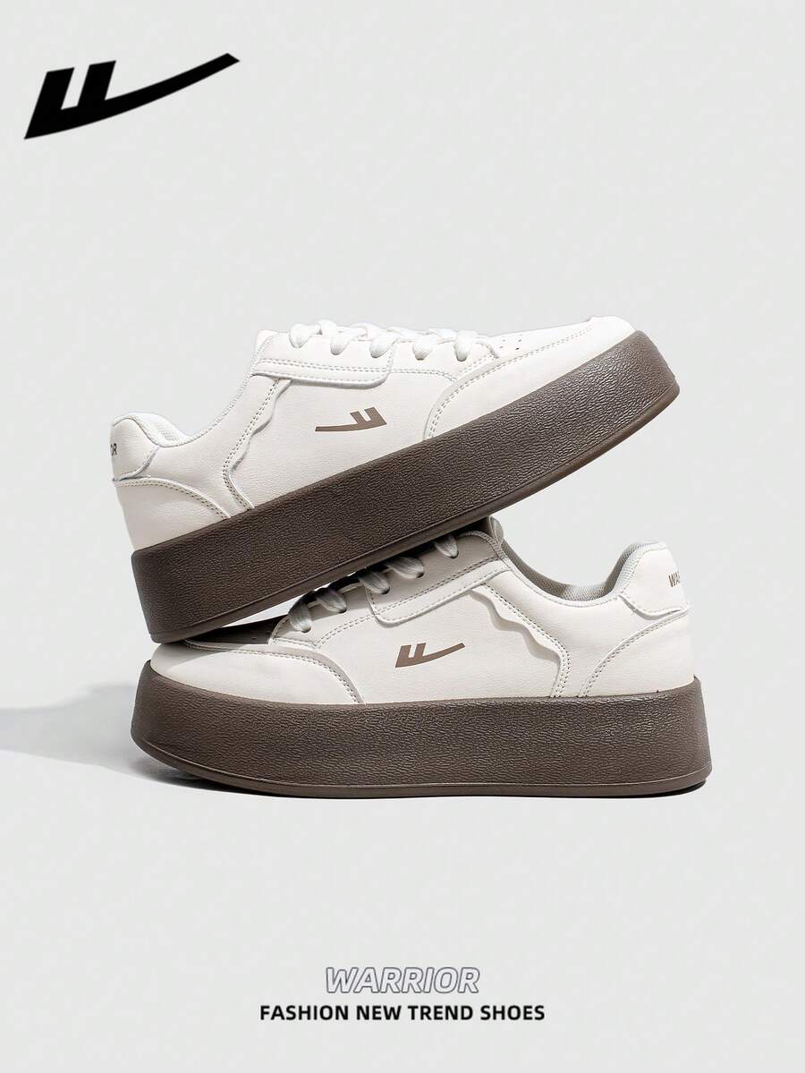 1 Pair WARRIOR Women's Thick Sole Lace-Up Soft Bottom Casual Shoes, Low-Top Outdoor Flat Shoes, Round Toe Low Heel Non-Slip Solid Color Elegant Soft Bottom Hiking Shoes, Suitable For Students, Graduation Photos, Flat Shoes, Low-Top Leather Sports Skateboard Shoes - White/Khaki - View 1