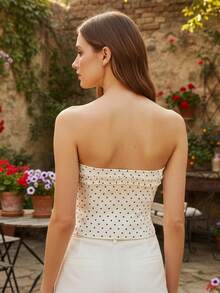 Women Tube Top, Strapless Backless Vest Dots/Stripes Print Summer Ladies Crop Top For Club Party - Beige - View 2