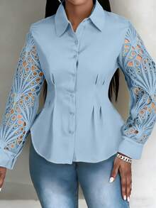 Plus Size Women Elegant Solid Color Lace Hollow Long Sleeve Blouse Spring - Baby Blue - View 4