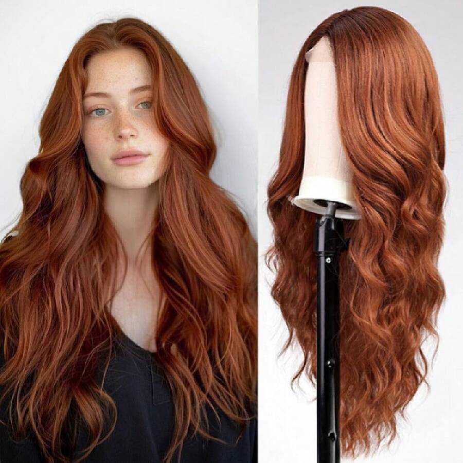 Long Ginger Wavy Wig For Women Lace Front Wigs Auburn Natural Looking 26 Inch Middle Part Curly Wig Heat Resistant Synthetic Wigs For Daily Party Use,38059299 - 薑色 - 查看 1