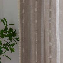 Boho Curtains 84 Inches Long Bedroom, Taupe Cotton Linen White Stripes Embroidery, Chic Hollow Geometric, Semi Blackout Window Vintage Drape With Tassels, 1 Panel W52 X L84, Fashionable Home Decor - Black - View 6