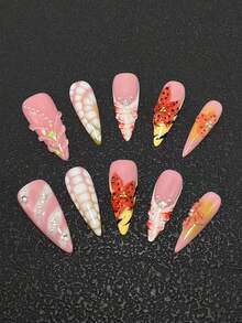10-Piece Pure Hand-Made Nail Pressed Nails 33mm Thin High Heels Long Nails Multi-Color With French Fading Technology Three-Dimensional Modeling Glue Carving Technology Fashion Versatile Suitable For Women To Wear Three Sizes To Choose From Suitable For A Variety Of Occasions Party Dance And Daily Wear Nail Supplies - Multicolor - View 1