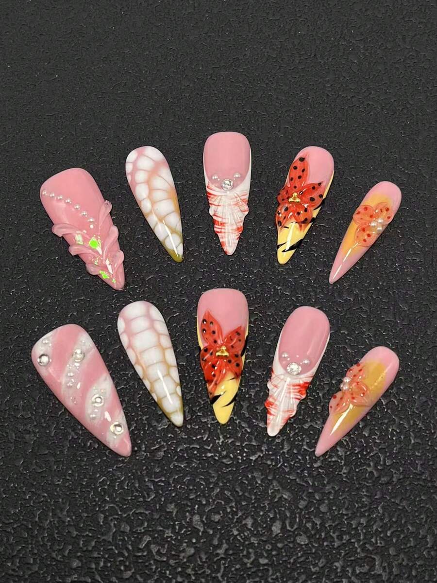 10-Piece Pure Hand-Made Nail Pressed Nails 33mm Thin High Heels Long Nails Multi-Color With French Fading Technology Three-Dimensional Modeling Glue Carving Technology Fashion Versatile Suitable For Women To Wear Three Sizes To Choose From Suitable For A Variety Of Occasions Party Dance And Daily Wear Nail Supplies - Multicolor - View 1