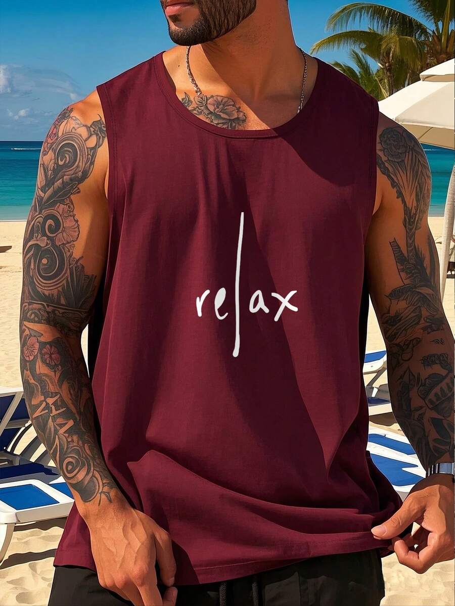 Men's Summer Letter Print Crew Neck Casual Top - Burgundy - View 1
