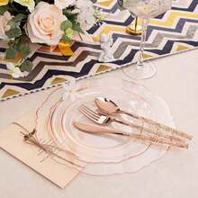 150PCS Clear Silver Plastic Plates & Disposable Silver Plastic Silverware With Glitter Bamboo Handle Cutlery-Baroque Clear Disposable Plates For Wedding & Easter Day & Mother's Day-TrugenixYSN1B - 玫瑰金 - 查看 9