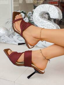 1. Fashion Pleated Criss-Cross Strap Women's High Heel Sandals, Solid Color Open Toe High Heel Mules, Suitable For Summer Daily, Party, Gathering, Formal Event Stiletto Heels - Redwood - View 2