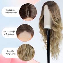 Long Ombre Blonde Wavy Wig For Women Lace Front Wigs Natural Looking 26 Inch Middle Part Curly Wig Heat Resistant Synthetic Wigs For Daily Party Use,38059297 - Blue Black - View 5