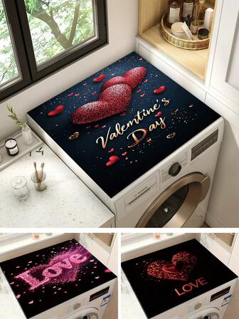 1 pieza Diseño de Corazón + AMOR | Feliz Día de San Valentín | Funda para lavadora, Alfombra para secadora, Alfombra para tambor de lavadora, Antideslizante, Resistente al calor, Resistente a los arañazos, Revestimiento sintético decorativo, Alfombra de cocina, Alfombra de piso, Decoración de cuarto de lavado, Almohadilla antideslizante súper absorbente, Fácil de limpiar y almacenar, Cubierta antipolvo para refrigerador