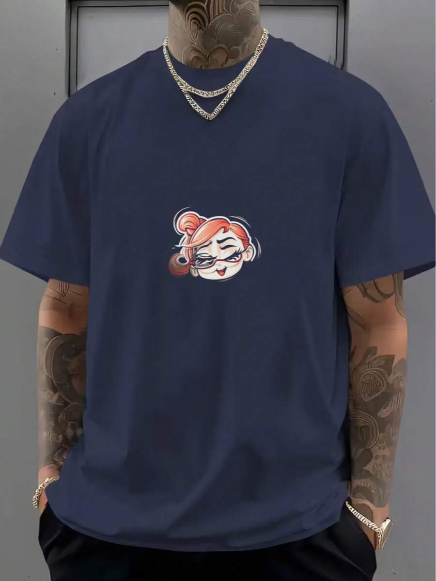 Essential White Short Sleeve T-Shirt With Cartoon Girl Pattern - Navy Blue - View 1