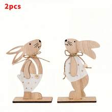 2pcs 2D Wooden Easter Decorative Plaques, Thanksgiving Party Decor, Perfect Holiday Gift, Vintage Style Lover Easter Bunny Home Decor, Countryside Cute Rabbit Desktop Decoration, Suitable For All Seasons