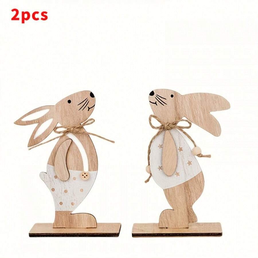 2pcs 2D Wooden Easter Decorative Plaques, Thanksgiving Party Decor, Perfect Holiday Gift, Vintage Style Lover Easter Bunny Home Decor, Countryside Cute Rabbit Desktop Decoration, Suitable For All Seasons