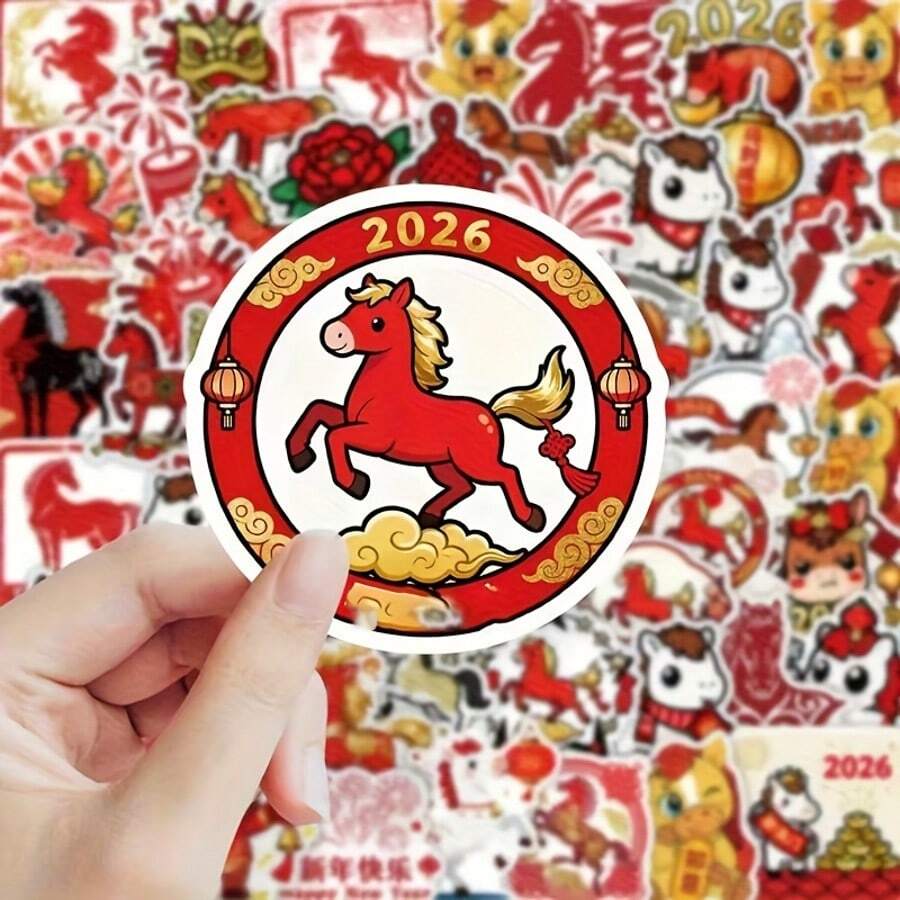 2026新年120马年卡通马新年礼物奖励贴纸新年计划贴纸，电脑、笔记本、平板电脑装饰贴纸新年快乐贴纸防水手机壳涂鸦贴纸 - 非常适合贴在杯子、电脑、书籍、汽车贴纸、保险杠贴纸上 - 彩色 - 查看 1