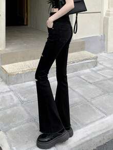 Celana Jeans Wanita Model Slim Fit Pinggang Tinggi dengan Potongan Lebar dan Kantong, Kasual, Warna Hitam, Cocok untuk Musim Semi dan Gugur. - Hitam - View 9