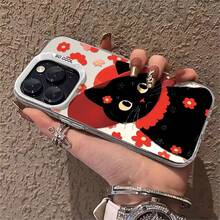 1pcs Black Cat with Red Hat and Flowers Phone Case Compatible with Apple Phone 17ProMax 16 15 14 13 12 11ProMax Pro Xs Max XS X 7plus 8plus Silicone,Shock Proof Vintage,Cartoon Style,Cute,Funny Can Be Given To Friends,Can Be Given To A Lover - Plateado - Ver 2