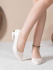 女士粗跟尖头高跟鞋，新款漆皮多功能通勤专业休闲工作鞋 - 白色 - 查看 2