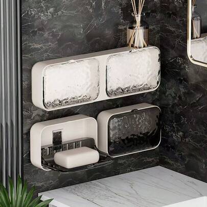 1个壁挂式皂碟，双层塑料皂架，免钻孔浴室收纳盒，冰川图案设计，适用于肥皂、沐浴露等。