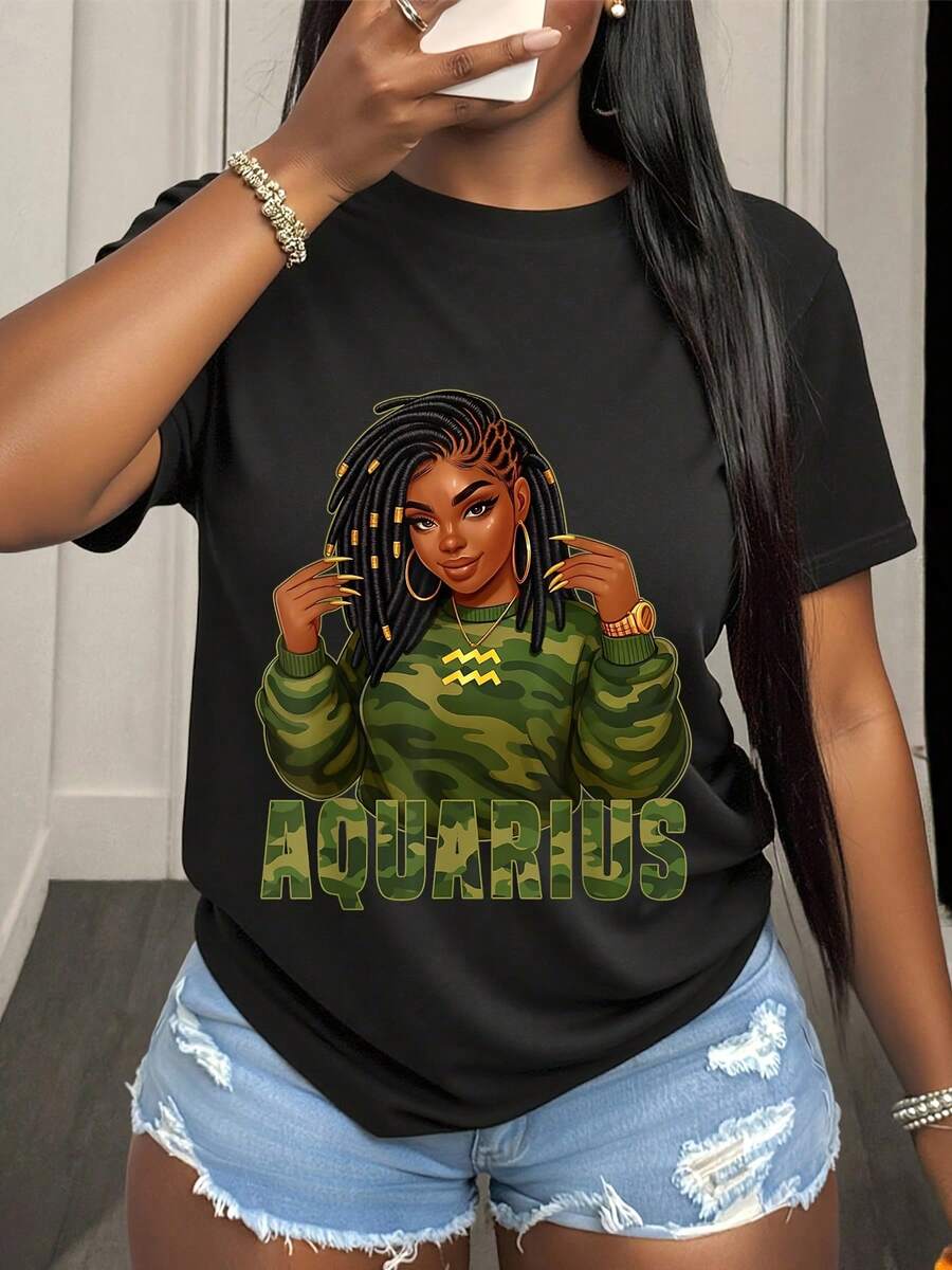 Aquarius Zodiac Sign Woman Graphic Shirt Featuring Black Hair And Camouflage Design Perfect For Astrology Lovers And Star Signs Enthusiasts Wearable Art For Everyday Style And Special Occasions - 黑色1 - 查看 1