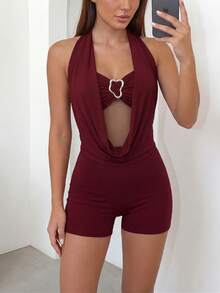 Bộ đồ 2 mảnh gợi cảm gồm áo hai dây xếp ly và quần short, áo liền quần và áo croptop không dây của DOUCIU. - Màu Đỏ Sâu - Xem 2