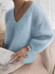 Women's Soft Fluffy Knit V-Neck Pullover Sweater, Long Sleeve Regular Fit, Suitable For Autumn/Winter Wear - Baby Blue - View 3