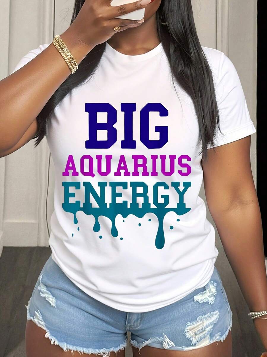 Big Aquarius Energy Zodiac Sign Statement Shirt For Women Astrology Inspired Graphic Tee With Bold Typography And Drip Design Perfect For Expressing Your Star Sign Personality And Cosmic Vibes Everyday Wear Or Gift Idea For Aquarius Lovers - 白色4 - 查看 1
