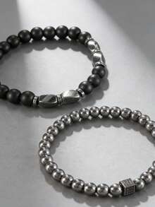 2pcs Zirconia Dice Beaded Bracelet Set For Teenagers, Elastic Fit For Boys Daily Wear, Matching Accessories, Hiphop Style Friendship Bracelet, Father-Son Matching Gift - Multicolor - View 3