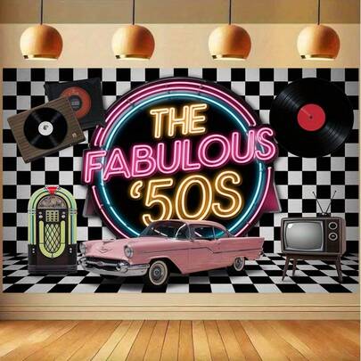 1 件复古音乐派对背景横幅 - 复古霓虹灯“50 年代风情”设计，绿松石色，格子地板，点唱机和黑胶唱片 - 大号涤纶材质，适用于家庭、酒吧、咖啡馆、俱乐部、车库、照相亭、音乐室装饰