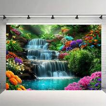 1pc Forest Background Fabric With Flower Waterfall Background Design, Polyester Fabric High-Definition Printing, Suitable For Parties, Courtyards, Home Wall Decorations, Weddings, Birthdays And Photography Props - Multicolor - View 1