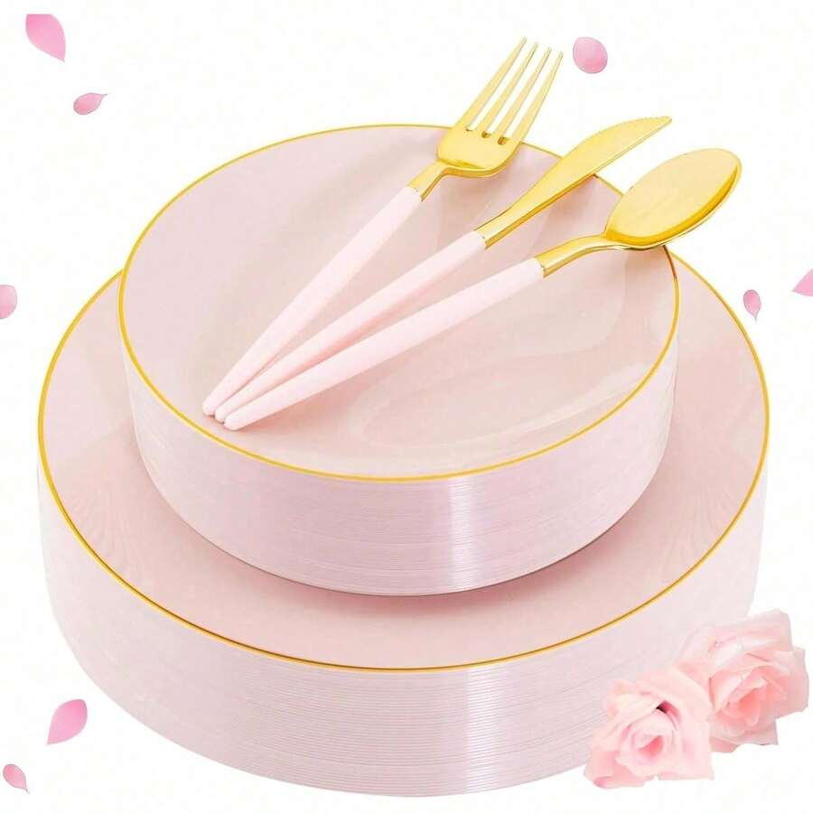 150PCS Clear Silver Plastic Plates & Disposable Silver Plastic Silverware With Glitter Bamboo Handle Cutlery-Baroque Clear Disposable Plates For Wedding & Easter Day & Mother's Day-TrugenixYSN1B - 粉色 - 查看 1