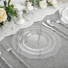 150PCS Clear Silver Plastic Plates & Disposable Silver Plastic Silverware With Glitter Bamboo Handle Cutlery-Baroque Clear Disposable Plates For Wedding & Easter Day & Mother's Day-TrugenixYSN1B - 銀色 - 查看 6