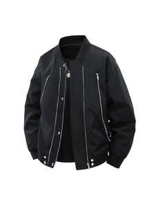 2025 Otoño Invierno Nueva Chaqueta de Béisbol Retro Casual de Ajuste Suelto con Múltiples Cremalleras para Hombres, Abrigo Vintage Elegante y Versátil - Negro - Ver 7