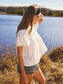 Cute Y2K Puff Sleeve Crop Top, White Sheer Lace Patchwork, Ruffle Hem Design, Suitable For Daily, Vacation, Holiday Wear Summer - White - View 8