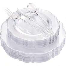 150PCS Clear Silver Plastic Plates & Disposable Silver Plastic Silverware With Glitter Bamboo Handle Cutlery-Baroque Clear Disposable Plates For Wedding & Easter Day & Mother's Day-TrugenixYSN1B - 銀色 - 查看 13