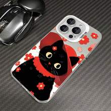 1pcs Black Cat with Red Hat and Flowers Phone Case Compatible with Apple Phone 17ProMax 16 15 14 13 12 11ProMax Pro Xs Max XS X 7plus 8plus Silicone,Shock Proof Vintage,Cartoon Style,Cute,Funny Can Be Given To Friends,Can Be Given To A Lover - Plateado - Ver 4