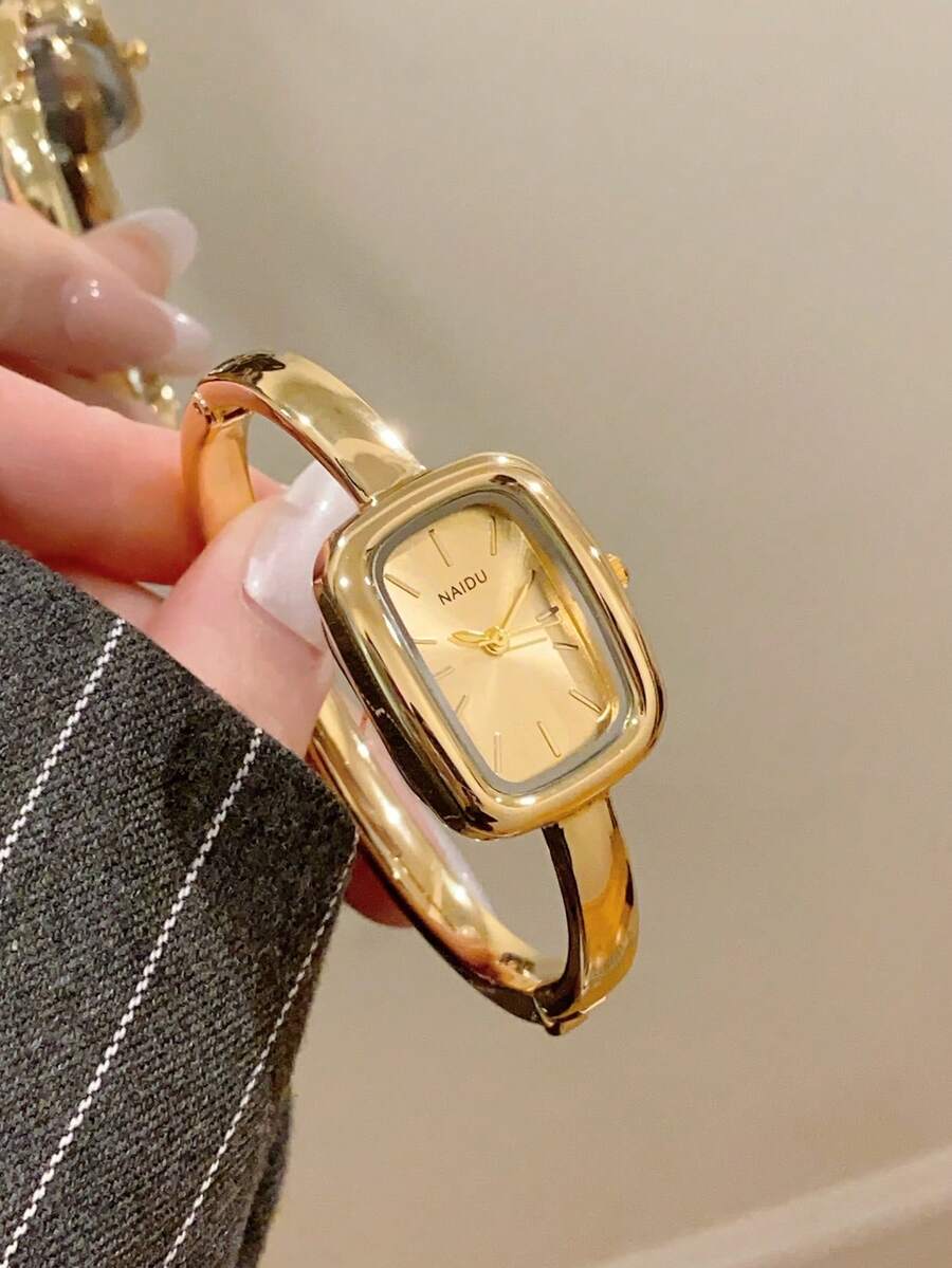 1 件女士椭圆形银黑色方形金色表盘石英休闲手表，适合日常佩戴 - 金色 - 查看 1