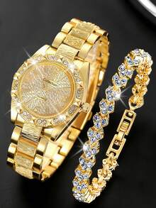2pcs Women's Fashion Casual Quartz Watch, Round Luxury Full Diamond Watch, Paired With Rhinestone Bracelet Jewelry Set, Suitable For Daily Wear, Festivals And Parties, Best Gift For Women - Silver - View 11
