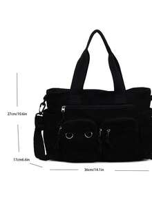 Large Capacity Corduroy Tote Bag, Minimalist Design, Solid Color, Autumn/Winter New Arrival - Black - View 2