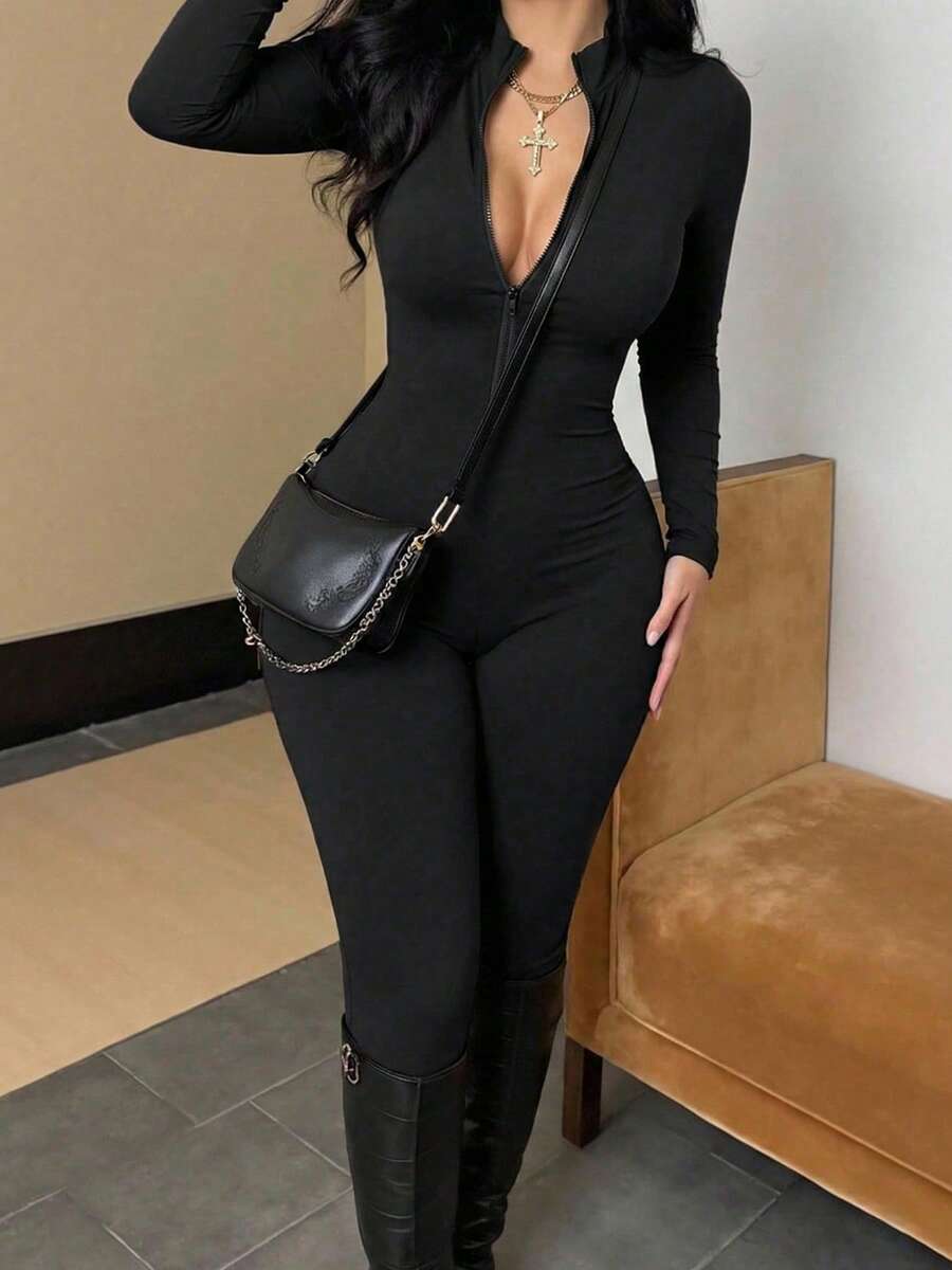 Solid Zip Up Long Sleeve Bodycon Jumpsuit, Black High Stretch Slim Fit One Piece Catsuit, Sexy Streetwear & Sporty Yoga Outfit Black Sculpting Long Sleeve Zipper Jumpsuit, Soft Stretchy Athletic Unitard, Fall Winter Body Shaping Activewear For Women Sexy Mock Neck Zip Up Romper, Minimalist Long Sleeve Black Bodysuit, Going Out Clubwear Party One Piece Overall - Black - View 1