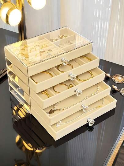 1pc 5/3/1 Tier Flocked Bracelet/Watch/Jewelry Storage Box, Multi-Functional Stackable Transparent Jewelry Box With Drawers, 5-Layer Drawer Jewelry Organizer Box, Anti-Oxidation Jewelry Box For Earrings, Rings, Necklaces, Bracelets, Ideal For Birthday, Valentine's Day And Anniversary Gifts, Display Box