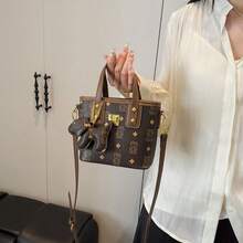 [Nueva]Bolso de hombro para mujer   moda bandolera cruzada bolso de cubo estampado versátil bolso de mano nuevo - Marrón con colgante - Ver 3