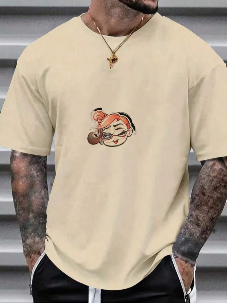 Essential White Short Sleeve T-Shirt With Cartoon Girl Pattern - 卡其色 - 查看 1