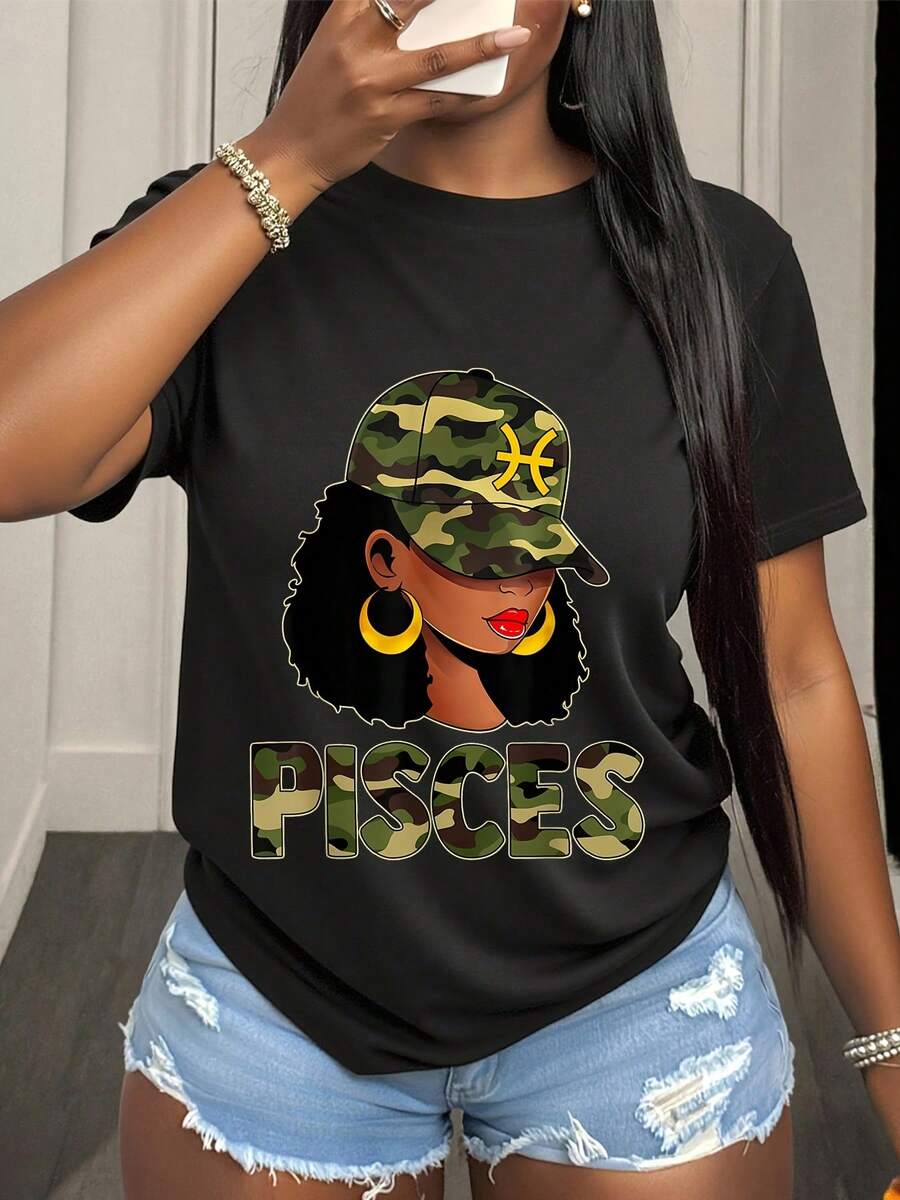 Pisces Zodiac Sign Woman Wearing Camouflage Hat And Gold Hoop Earrings Graphic Shirt For Astrology Enthusiasts And Star Sign Lovers Fashion Statement Piece - 黑色2 - 查看 1