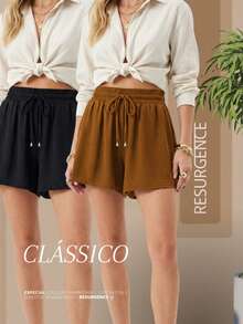 Women's Loose-Fitting High-Waisted Shorts With Elastic Waist, Comfortable, Duna Fabric, Casual, Chic, Everyday, Lightweight, Basic, Blogger Style, Knit Fabric, Faux Drawstring, Women's Fashion, Home, Beach, Vacation, Diary, Brunch, Travel, Spring, Summer - 紫羅蘭色 - 查看 1