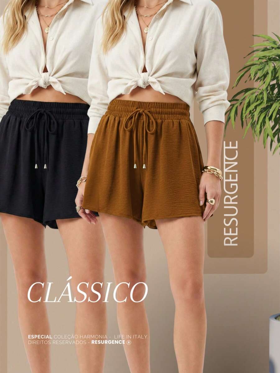Women's Loose-Fitting High-Waisted Shorts With Elastic Waist, Comfortable, Duna Fabric, Casual, Chic, Everyday, Lightweight, Basic, Blogger Style, Knit Fabric, Faux Drawstring, Women's Fashion, Home, Beach, Vacation, Diary, Brunch, Travel, Spring, Summer - 紫羅蘭色 - 查看 1