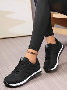 Women's Retro Wide Round Toe Lace-Up Simple Shoes, Flat, Student, Walking, Lightweight, Comfortable, Elegant, Versatile, Casual, Running Shoes - Black - View 12