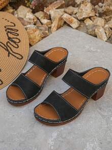Plus Size 36-43 European & American Style Summer New Fashion Open Toe Plus Size Sandals, Slip-On Thick Heel Increased Height Women High Heel Sandals, Black & Brown - Black Matte - View 6