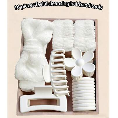 Bộ 16 món gồm băng đô mềm, băng đeo cổ tay, kẹp tóc, kẹp tóc lớn mờ, dây buộc tóc co giãn cao.