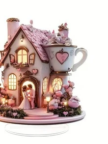 2D Acrylic Wedding Couple Pink Fairy House Ornament Teacup Heart Design Desktop Decor