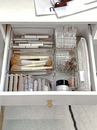20pcs/15pcs/12pcs/8pcs/6pcs/3pcs Transparent Makeup Organizer Boxes, Dresser Organizer Trays, Shatterproof Multi-Compartment Jewelry & Small Items Storage Boxes, Elegant Organizer Boxes, Bathroom Accessories, Room Decor, Home Decor, Office Supplies, Desk Drawer Dividers Organizers For Cosmetics, Jewelry, Stationery, Kitchen, Bedroom, Bathroom, Office Storage
